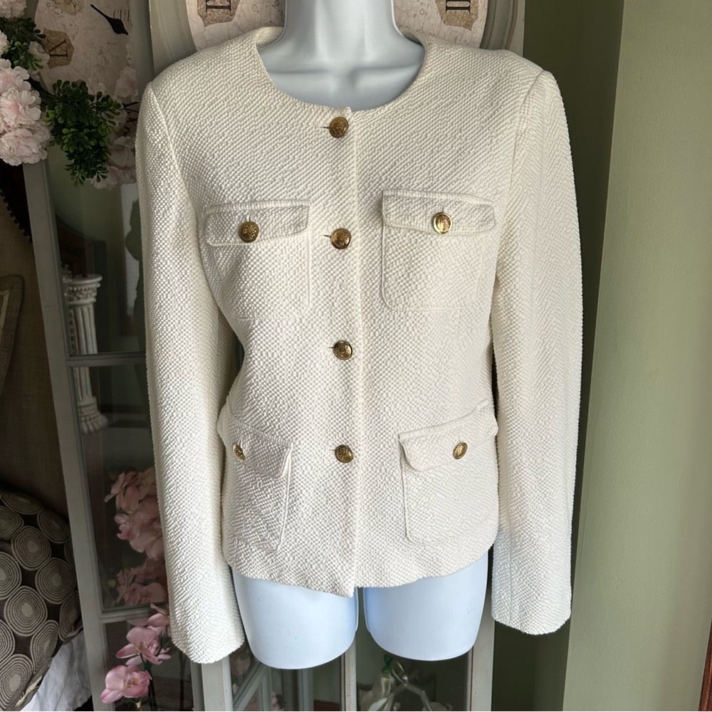 Women’s ANDREA JOVINE White Tweed Blazer Gold Buttons Short & Chic Size 10